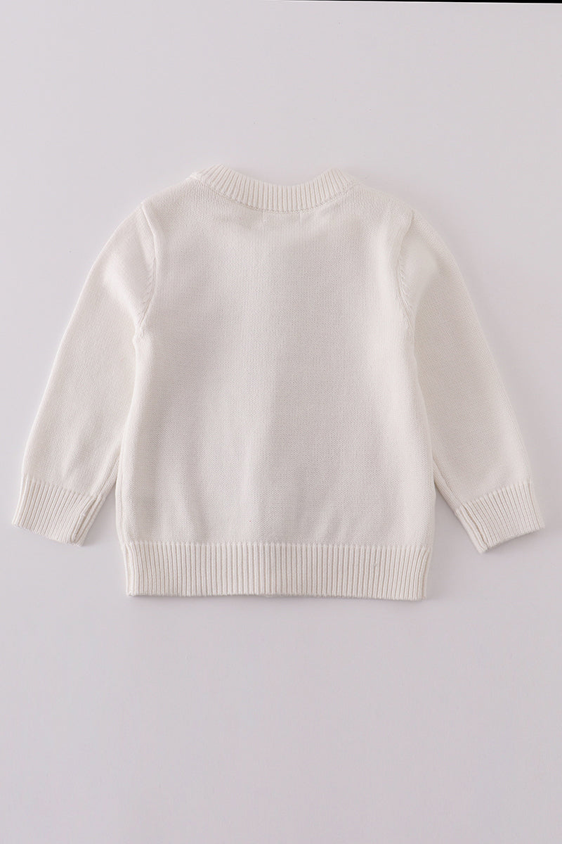 Girls’ White Knit Cardigan with Colorful Bow Design