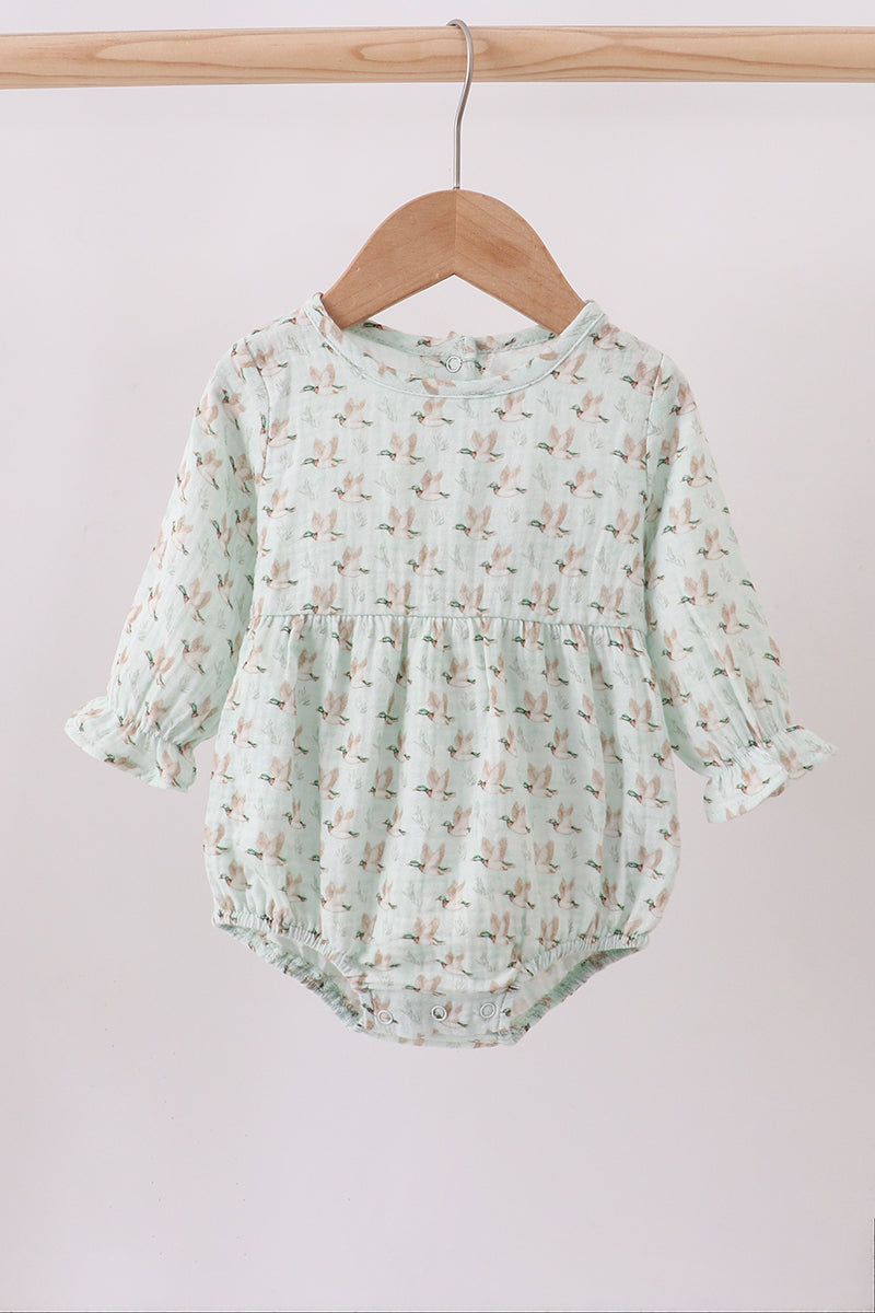 Baby Girl Long Sleeve Bubble Romper – Sage Flying Ducks Print