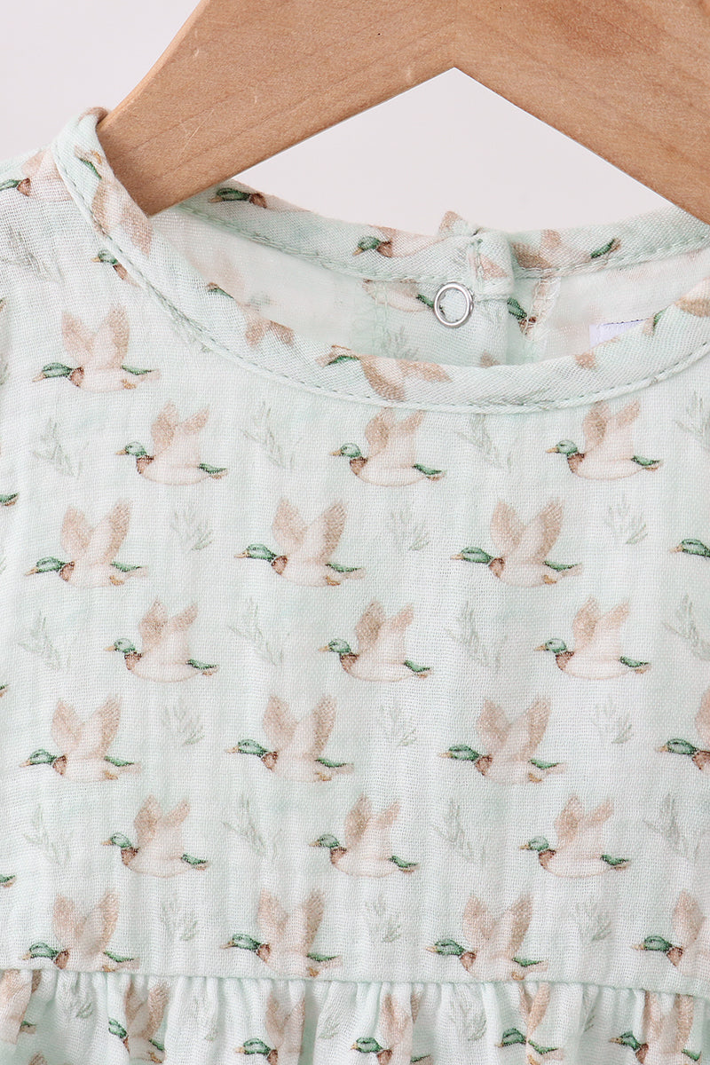 Long Sleeve Bubble Romper – Sage Flying Ducks Print