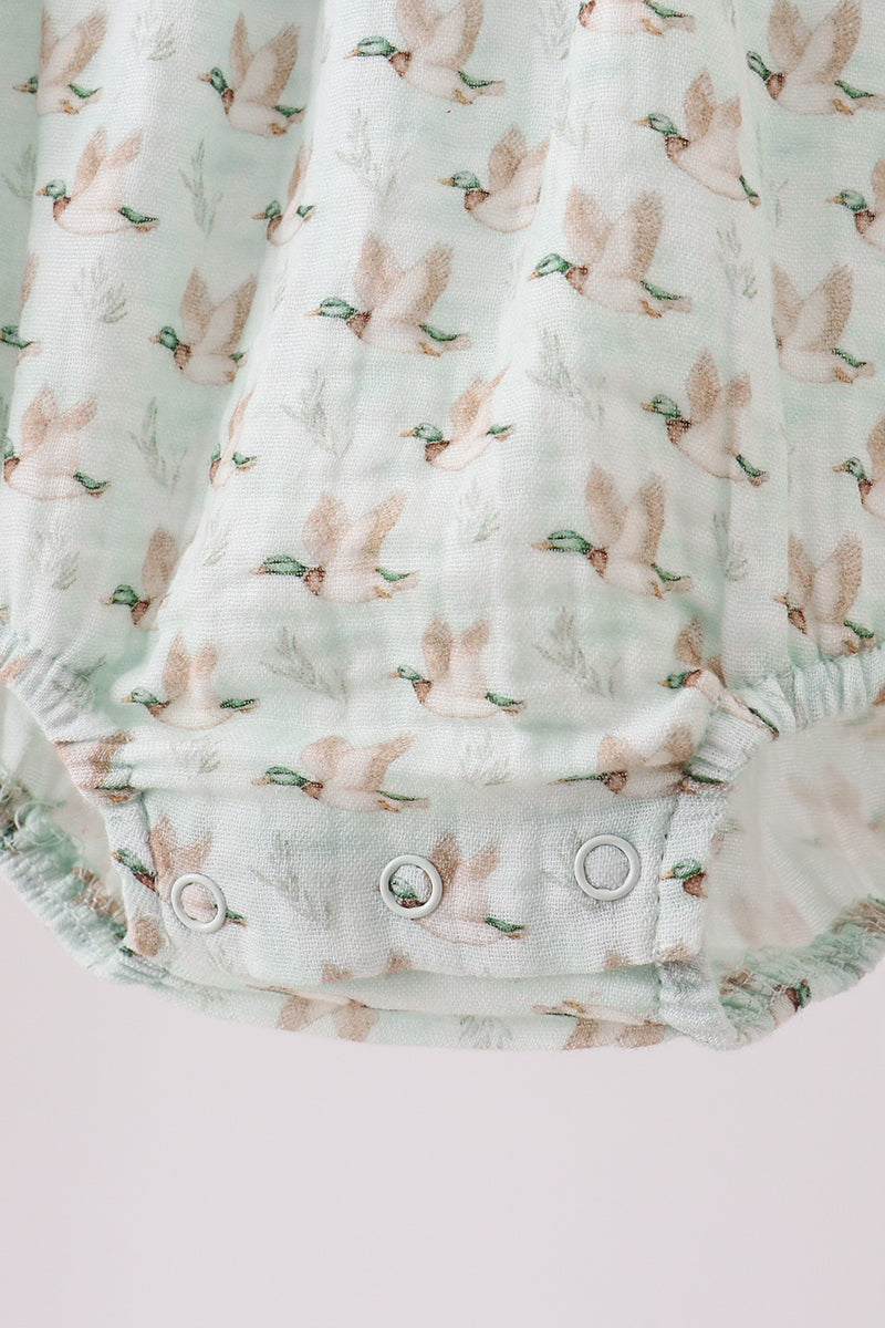Long Sleeve Bubble Romper – Sage Flying Ducks Print