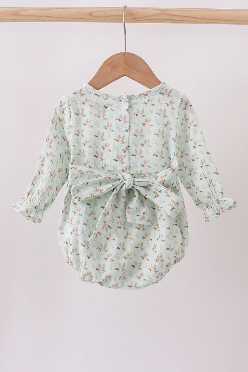 Long Sleeve Bubble Romper – Sage Flying Ducks Print