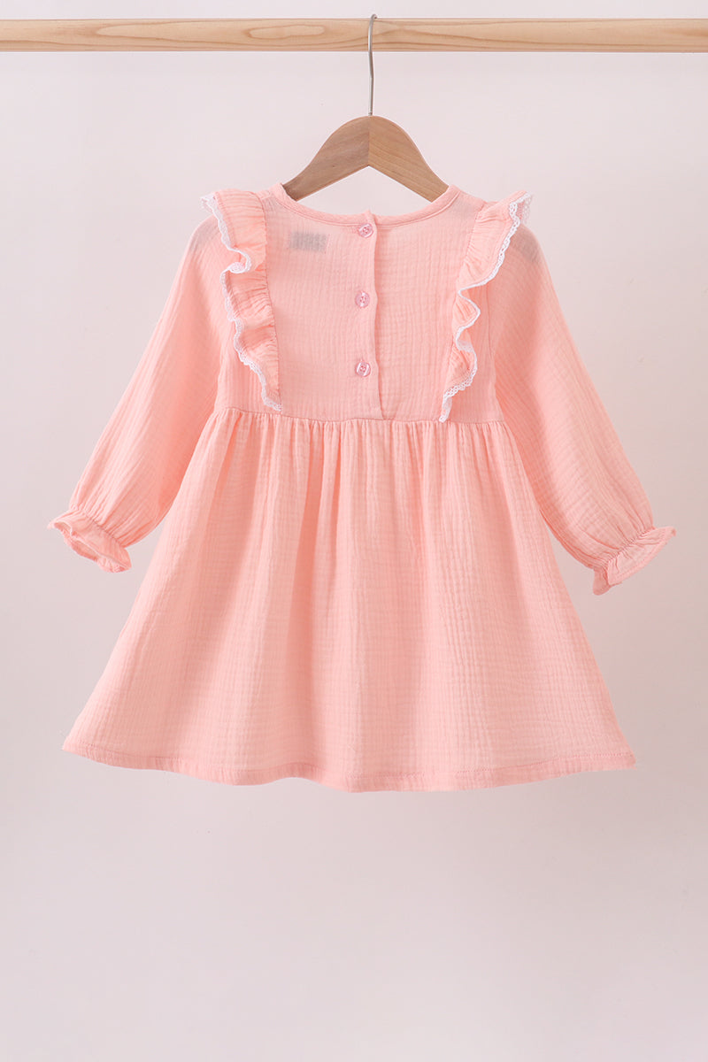 Girls Long Sleeve Ruffle Muslin Dress – Soft Pink