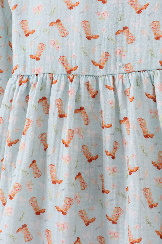 Girls Long Sleeve Twirl Dress – Mint Cowgirl Boots Print