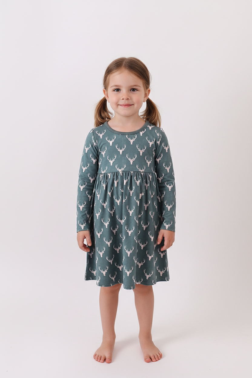 Forest Green Deer Print Twirl Dress