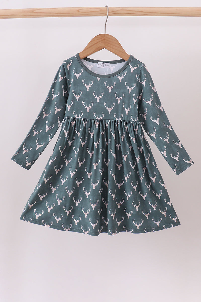 Forest Green Deer Print Twirl Dress