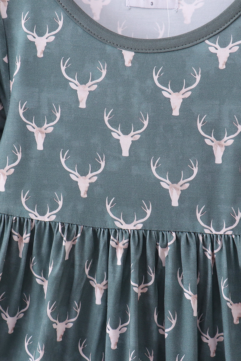 Forest Green Deer Print Twirl Dress