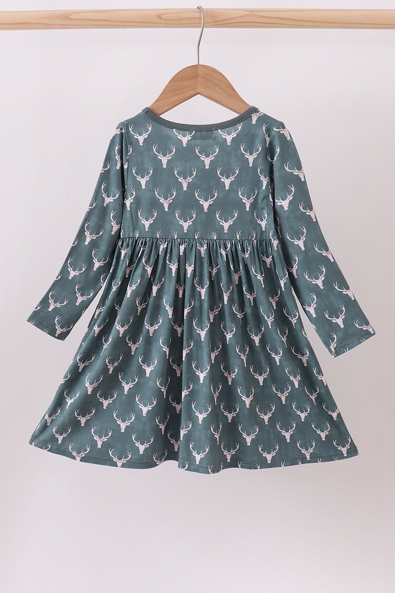 Forest Green Deer Print Twirl Dress