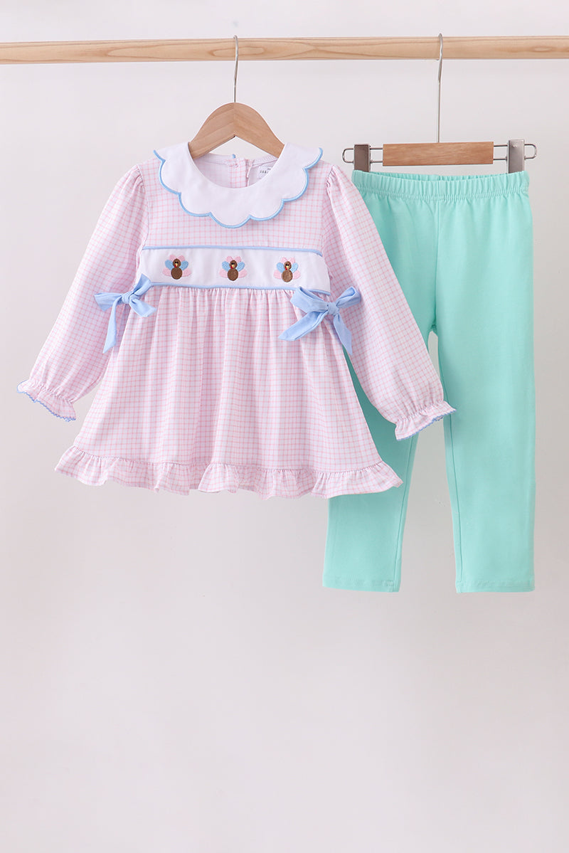 Pink Gingham Tunic & Mint Legging Set – Smocked Floral Detail