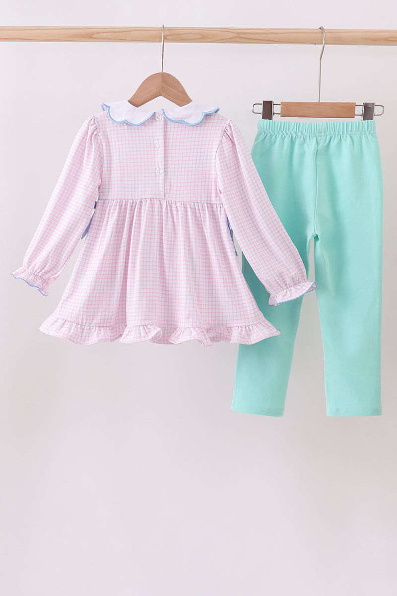 Pink Gingham Tunic & Mint Legging Set – Smocked Floral Detail