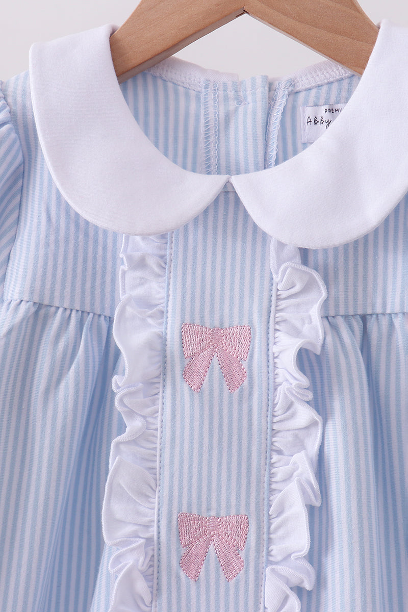 Blue & White Striped Long-Sleeve Dress with Pink Bows