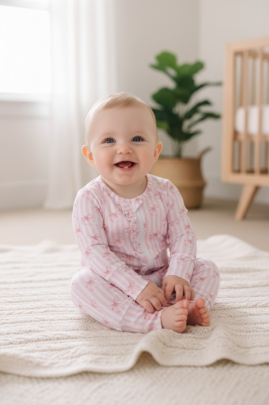 Pink Bow Stripe Ruffle Zip Romper