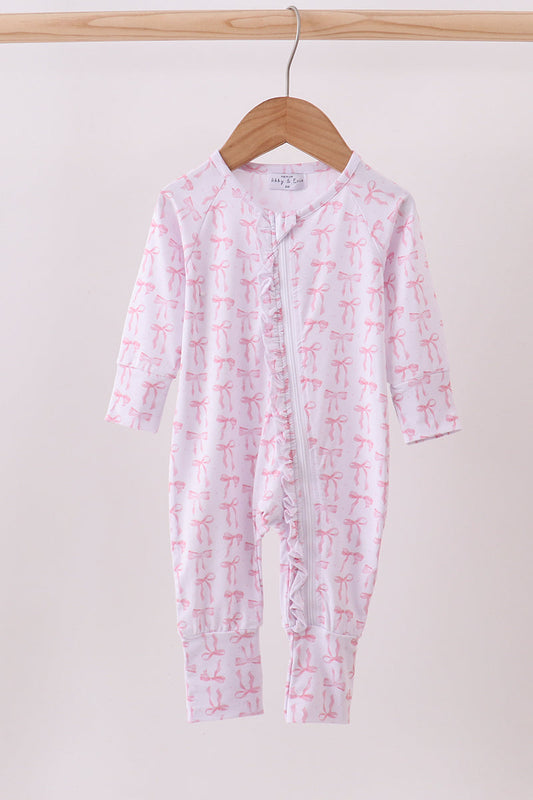 Pink Bows Baby Zip Romper – Soft Cotton One-Piece Pajamas