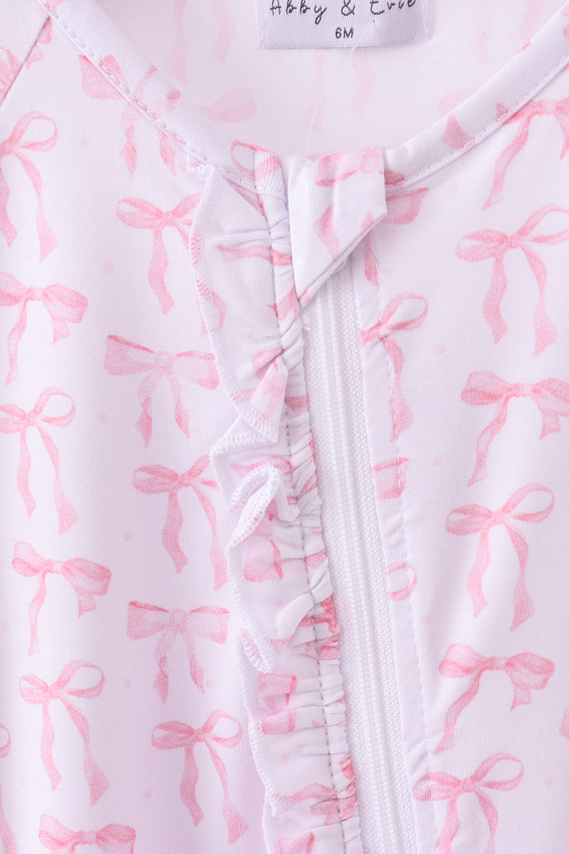 Pink Bows Baby Zip Romper – Soft Cotton One-Piece Pajamas