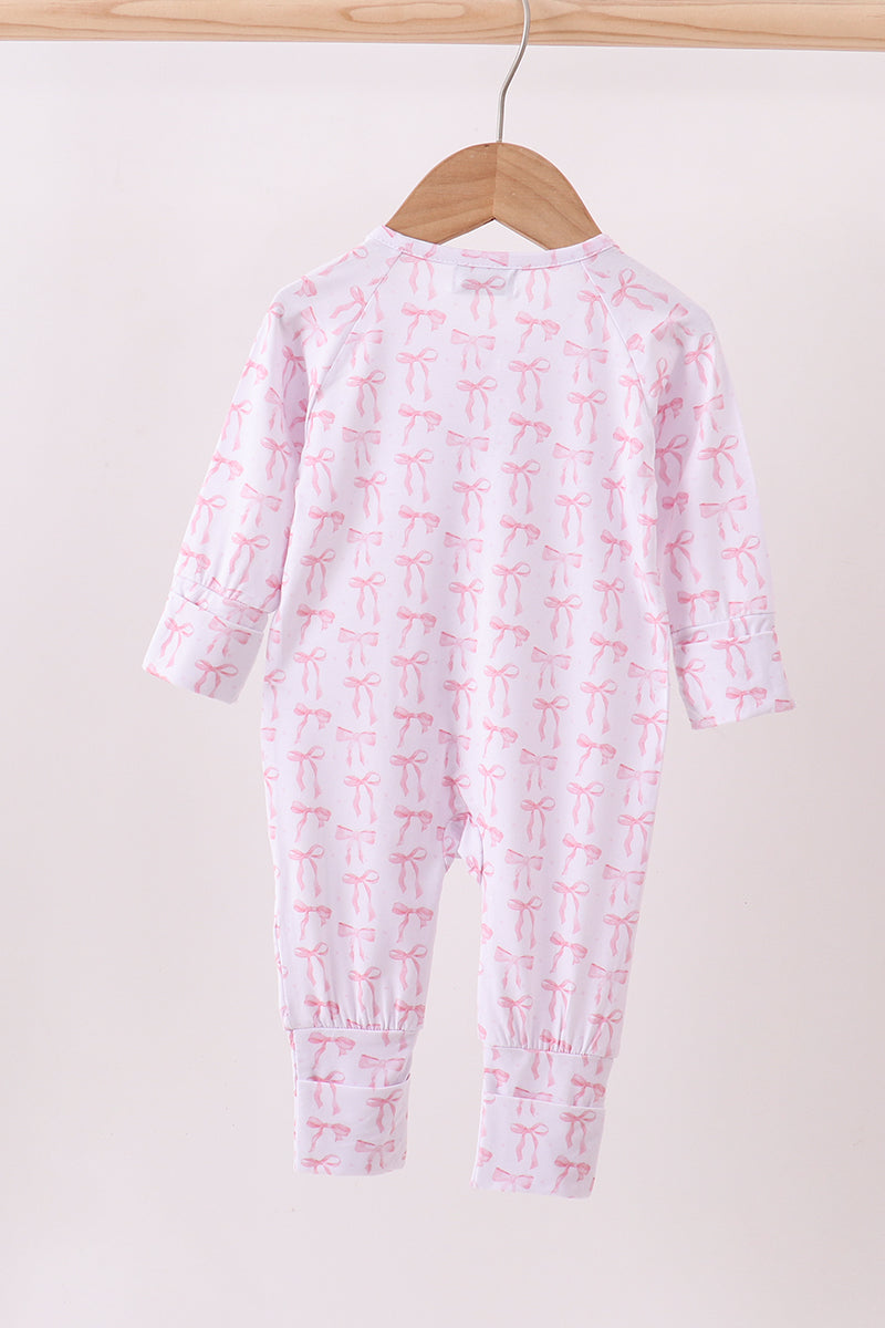 Pink Bows Baby Zip Romper – Soft Cotton One-Piece Pajamas