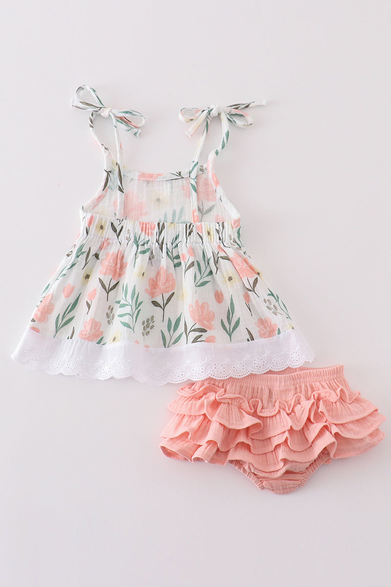 Floral Tie-Shoulder Top & Ruffle Bloomer Set – Baby Girl Summer Outfit