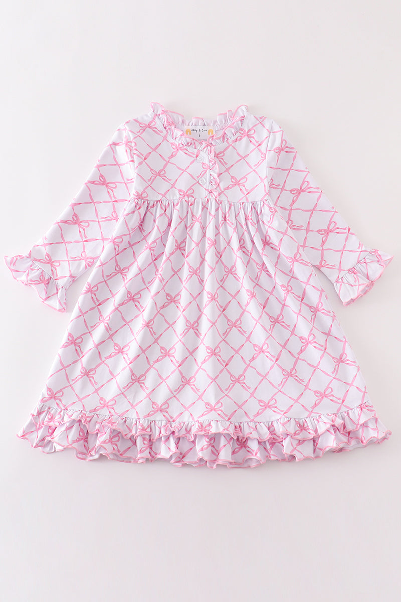 Pink Bow Lattice Long Sleeve Dress – Ruffle Trim