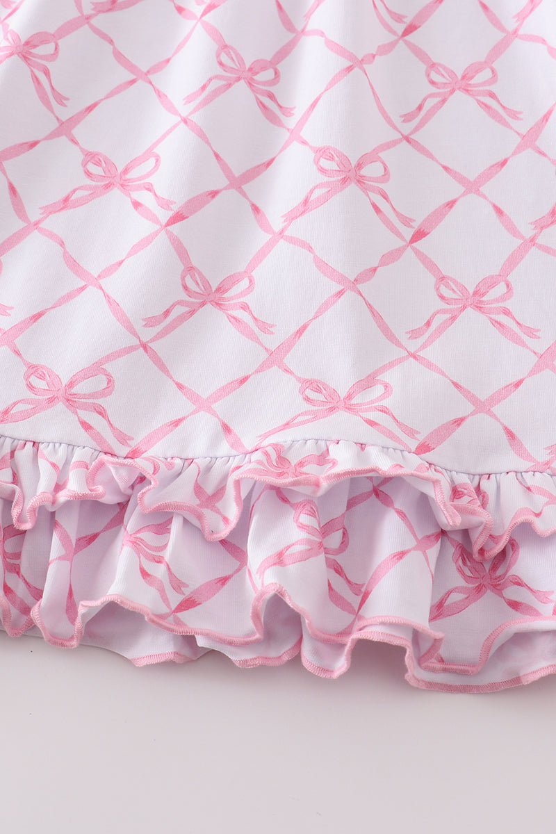 Pink Bow Lattice Long Sleeve Dress – Ruffle Trim