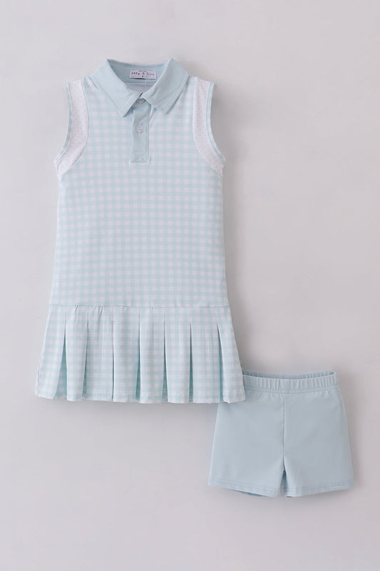 Girls Light Blue Gingham Sleeveless Tennis Dress Set