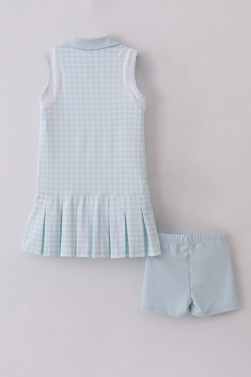 Girls Light Blue Gingham Sleeveless Tennis Dress Set