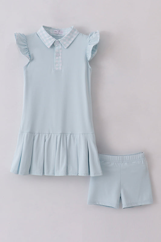 Girls Light Blue Flutter Sleeve Tennis Dress with Gingham Trim