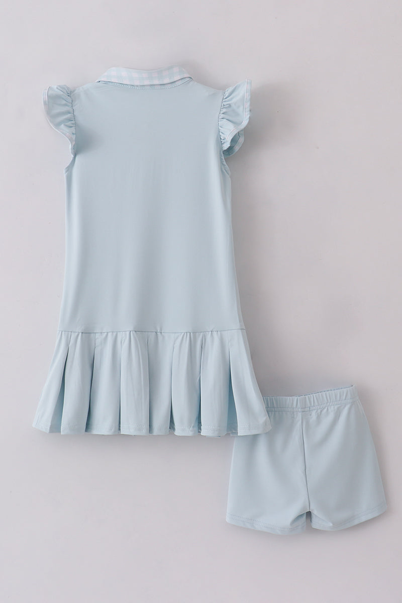 Girls Light Blue Flutter Sleeve Tennis Dress with Gingham Trim