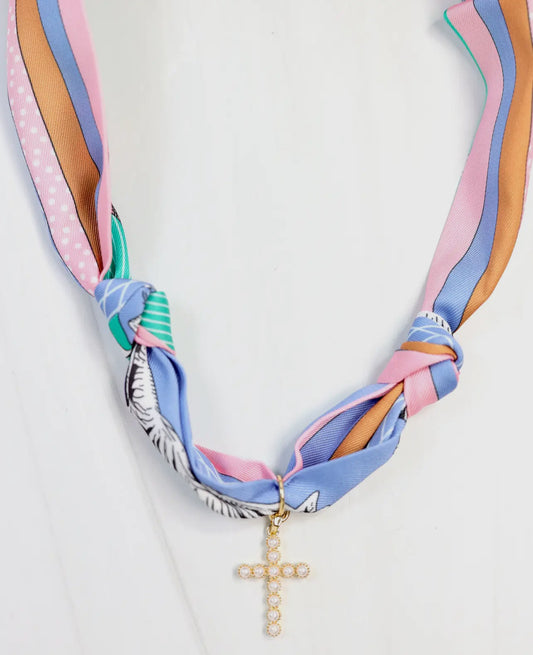 Pastel Silk Scarf Necklace with Crystal Cross Pendant