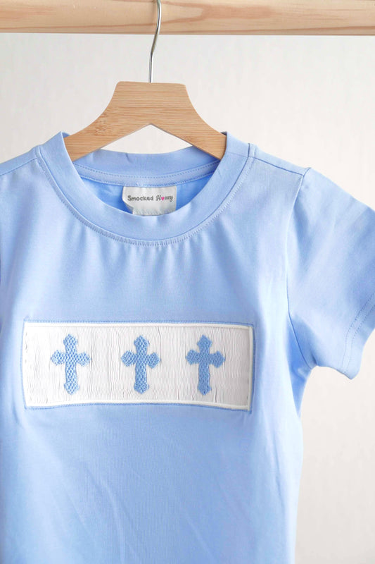 Light Blue Smocked Cross T-Shirt – Boys’ Christian Tee