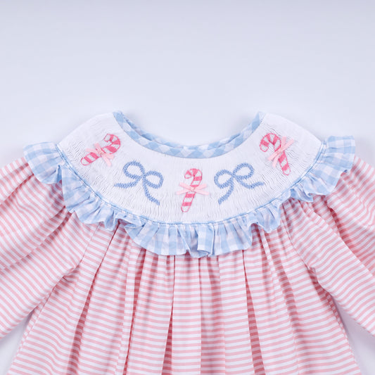 Pink Candy Cane Bow Smocked Ruffle Dress