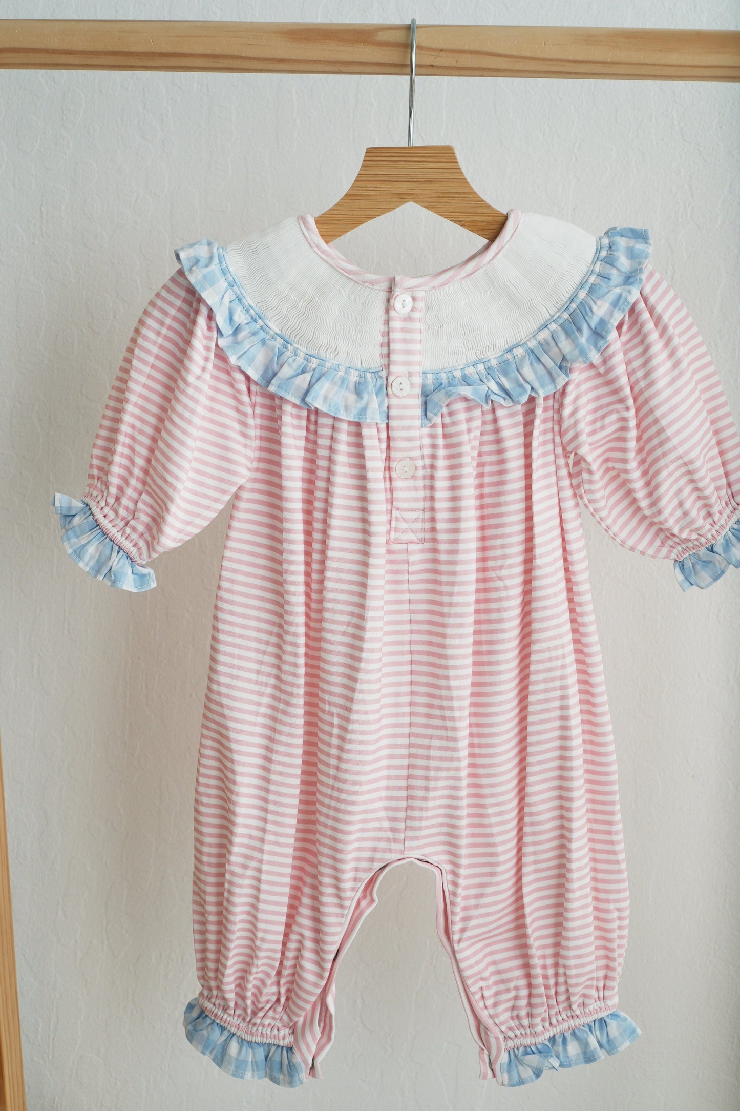 Pink Candy Cane Bow Hand-Smocked Ruffle Romper