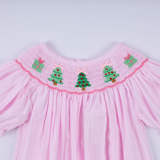 Pink Christmas Tree Hand-Smocked Romper