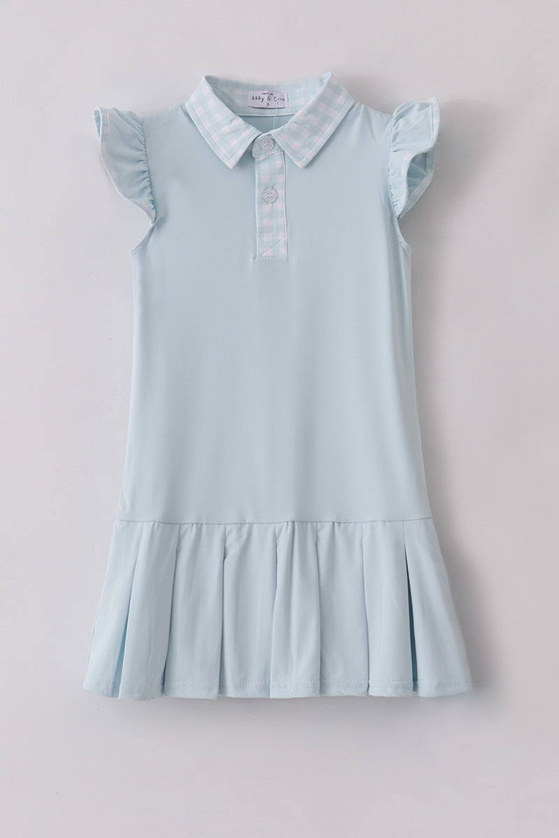 Girls Light Blue Flutter Sleeve Tennis Dress with Gingham Trim