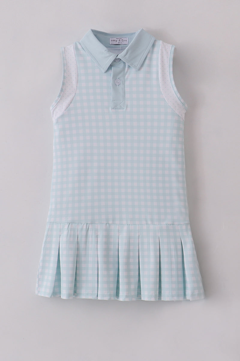 Light blue checkered dress with a collar on a gray background