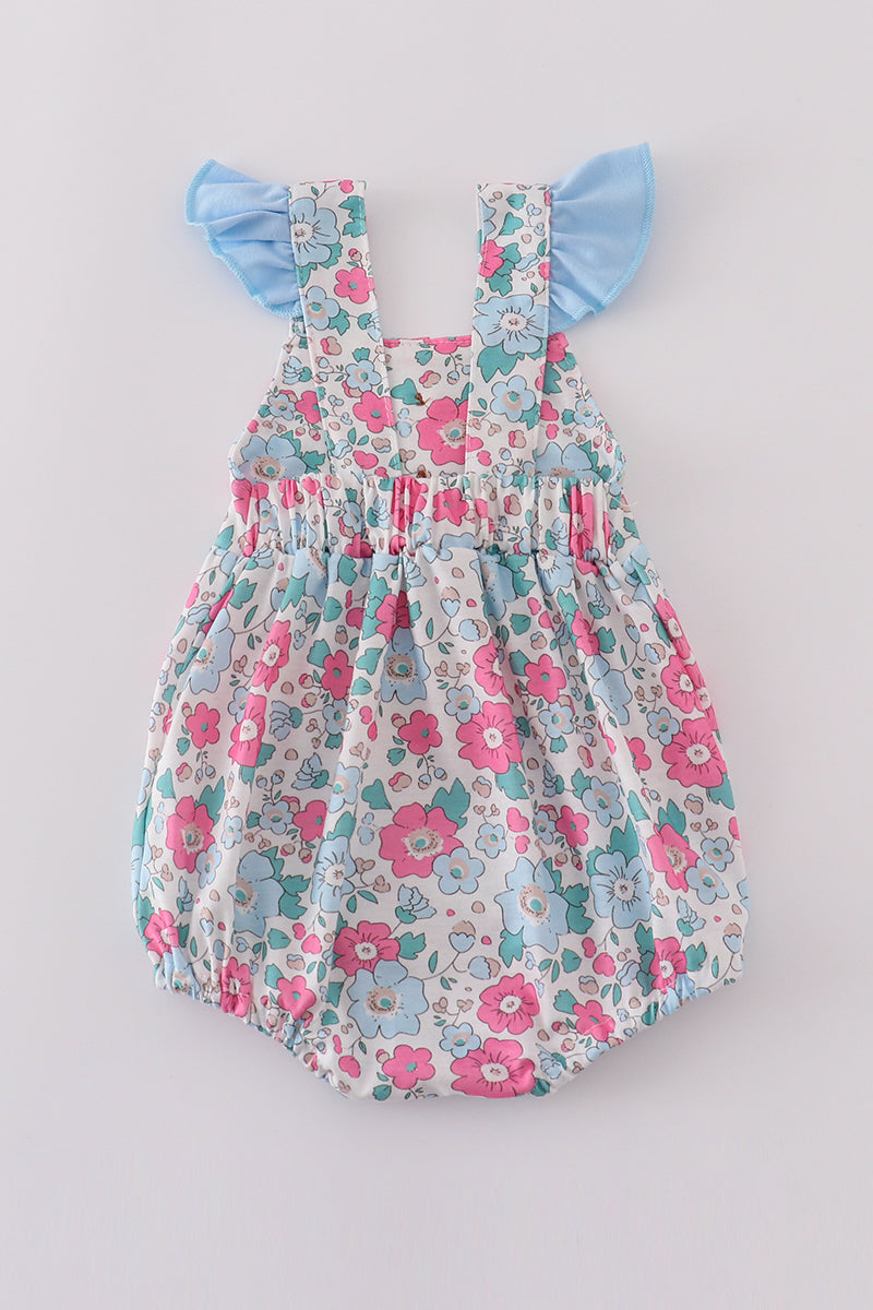 Floral Bubble Romper with Ruffle Sleeves – Pink & Blue