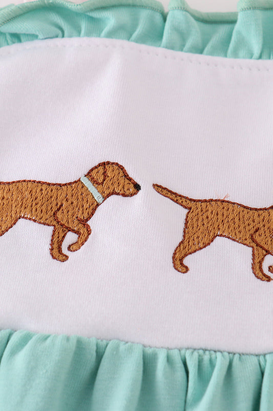 Aqua Puppy Dress with Gingham Straps – Embroidered Dog Detail