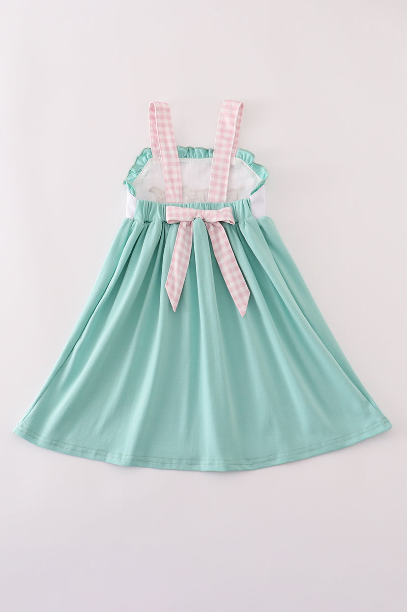 Aqua Puppy Dress with Gingham Straps – Embroidered Dog Detail