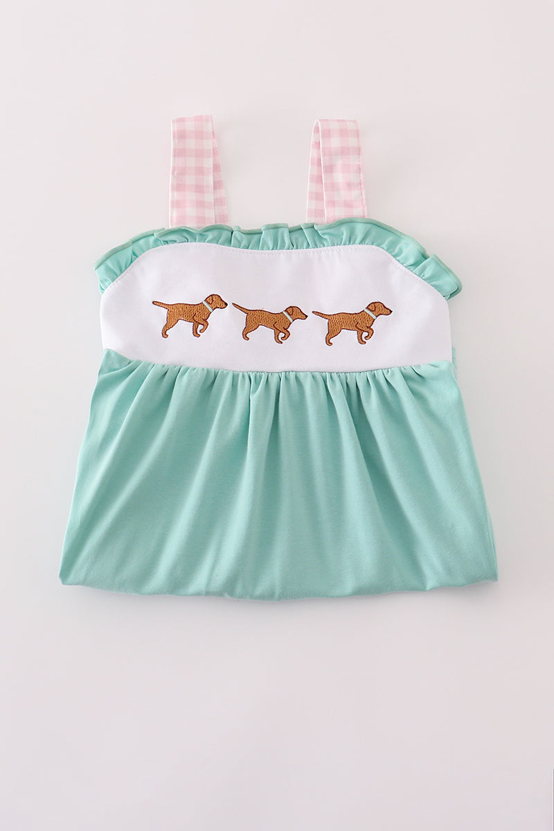 Aqua Puppy Dress with Gingham Straps – Embroidered Dog Detail