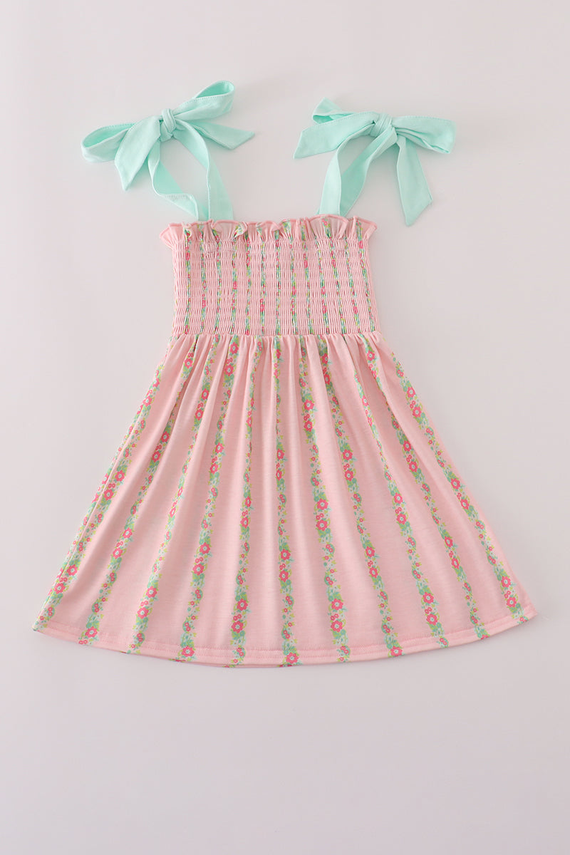 Girls’ Pink Floral Smocked Sundress with Aqua Bow Straps