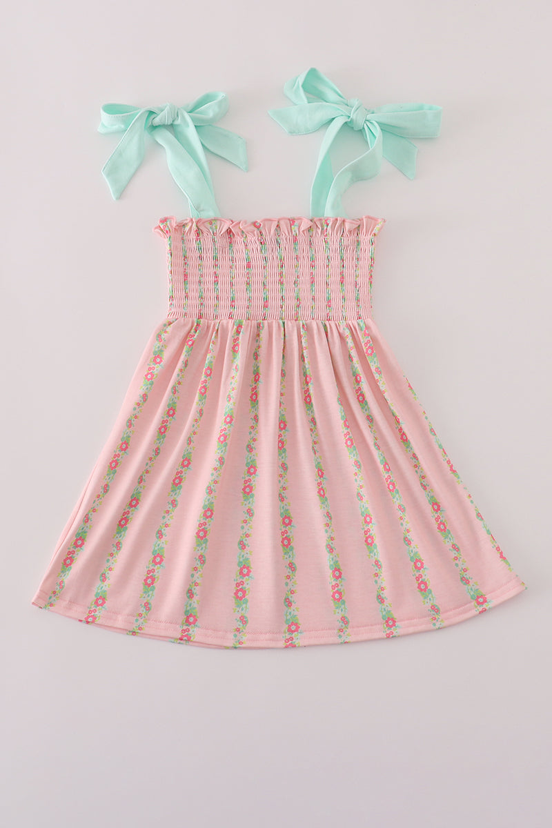 Girls’ Pink Floral Smocked Sundress with Aqua Bow Straps