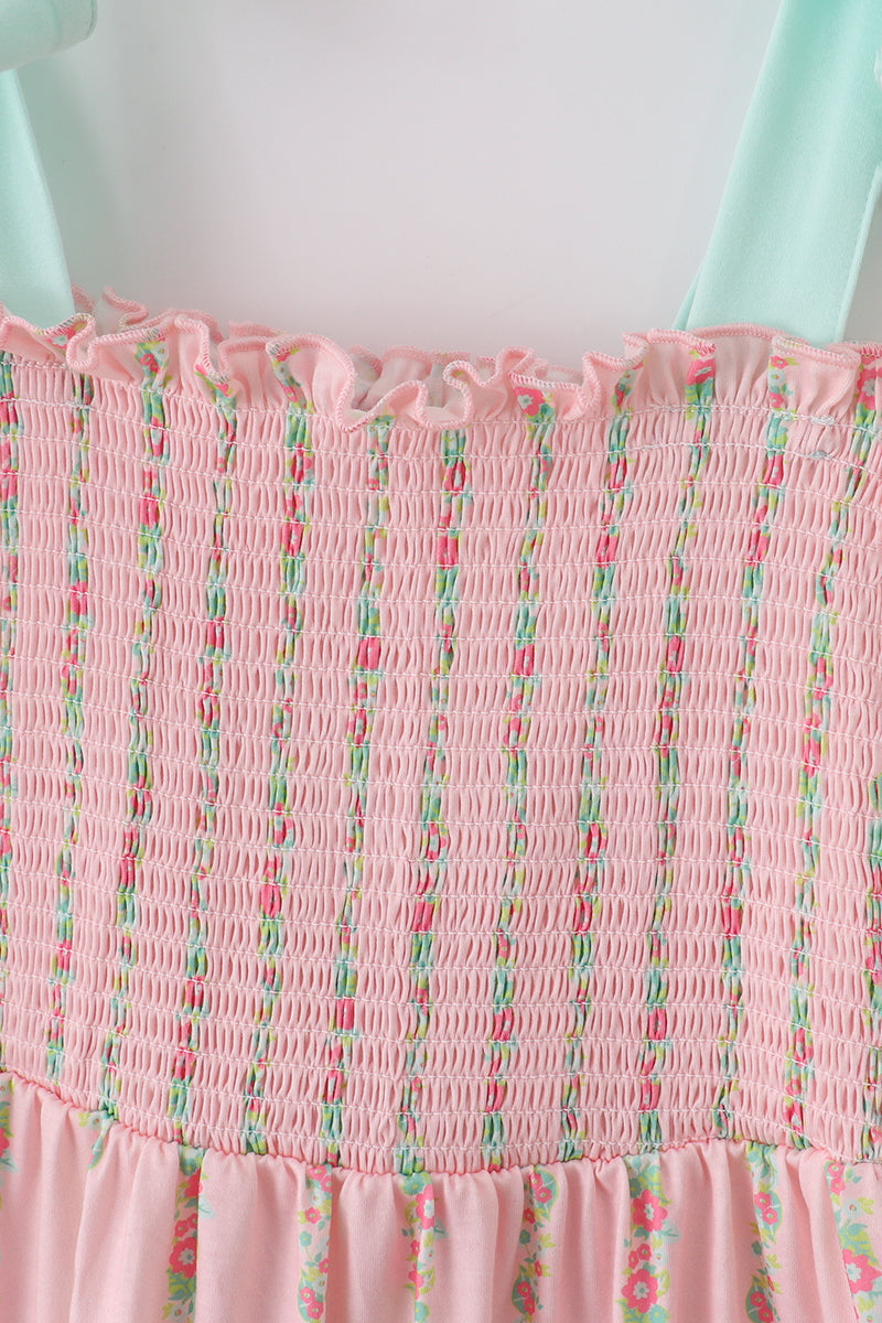 Girls’ Pink Floral Smocked Sundress with Aqua Bow Straps