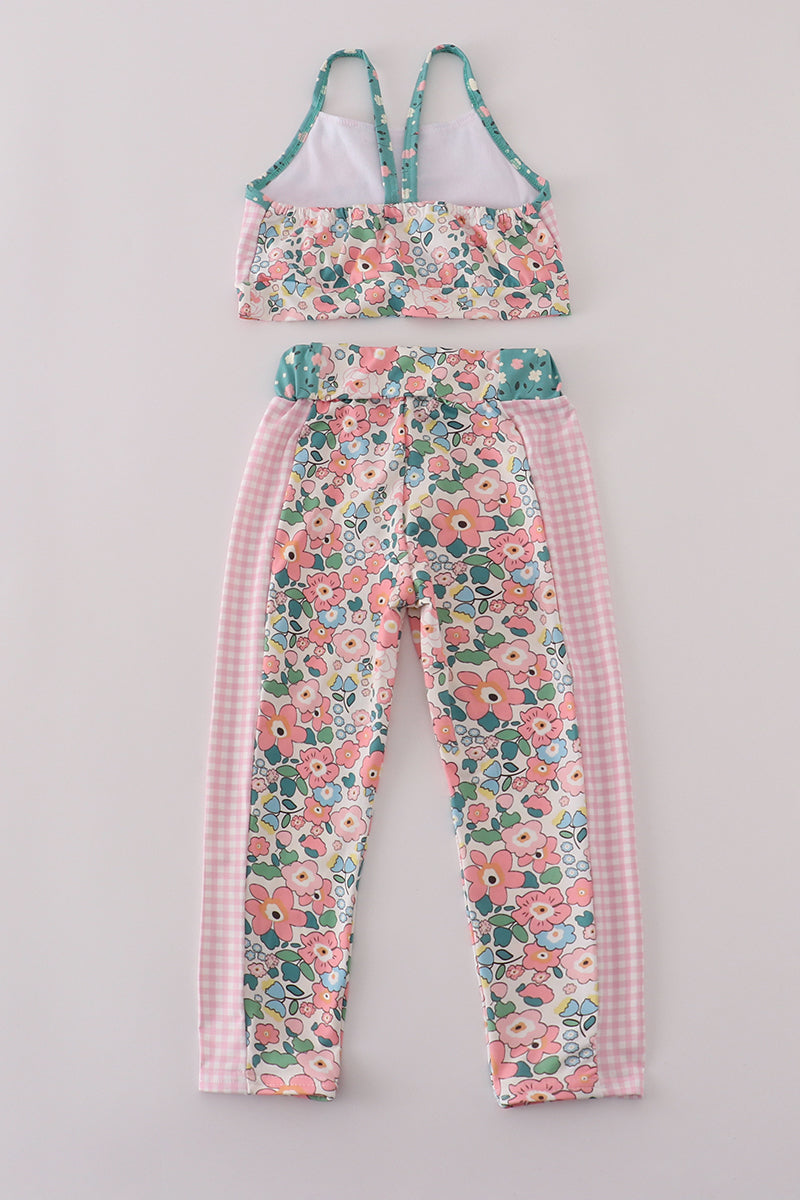 Girls Floral & Gingham Activewear Set – Sports Bra & Leggings