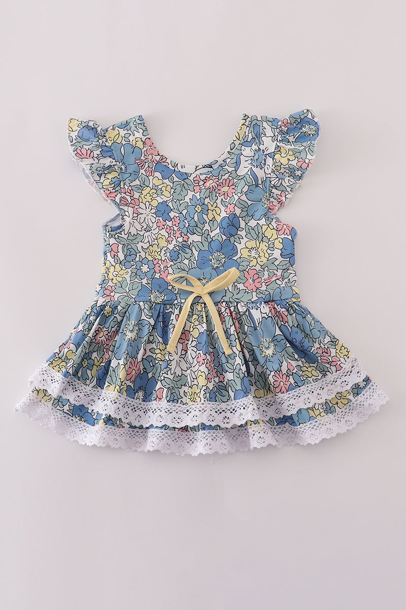 Flutter Sleeve Floral Dress with Lace Trim