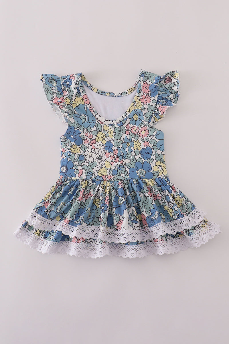 Flutter Sleeve Floral Dress with Lace Trim