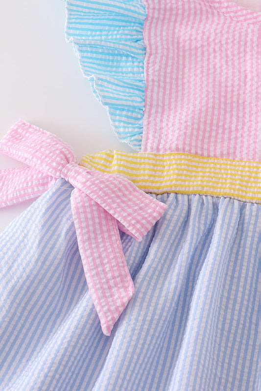 Girls Pastel Seersucker Flutter Dress with Bows – Lightweight Spring Outfit