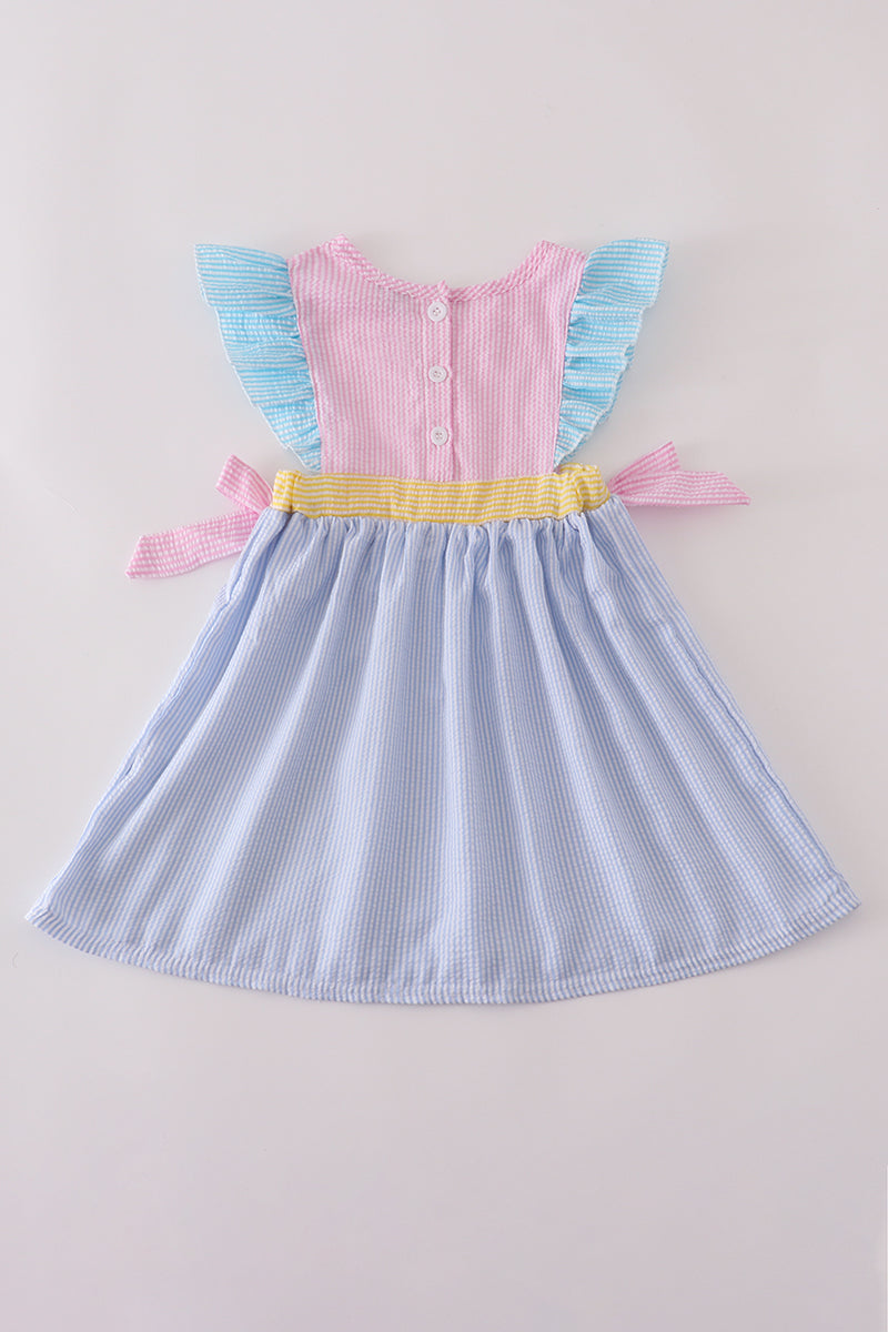 Girls Pastel Seersucker Flutter Dress with Bows – Lightweight Spring Outfit
