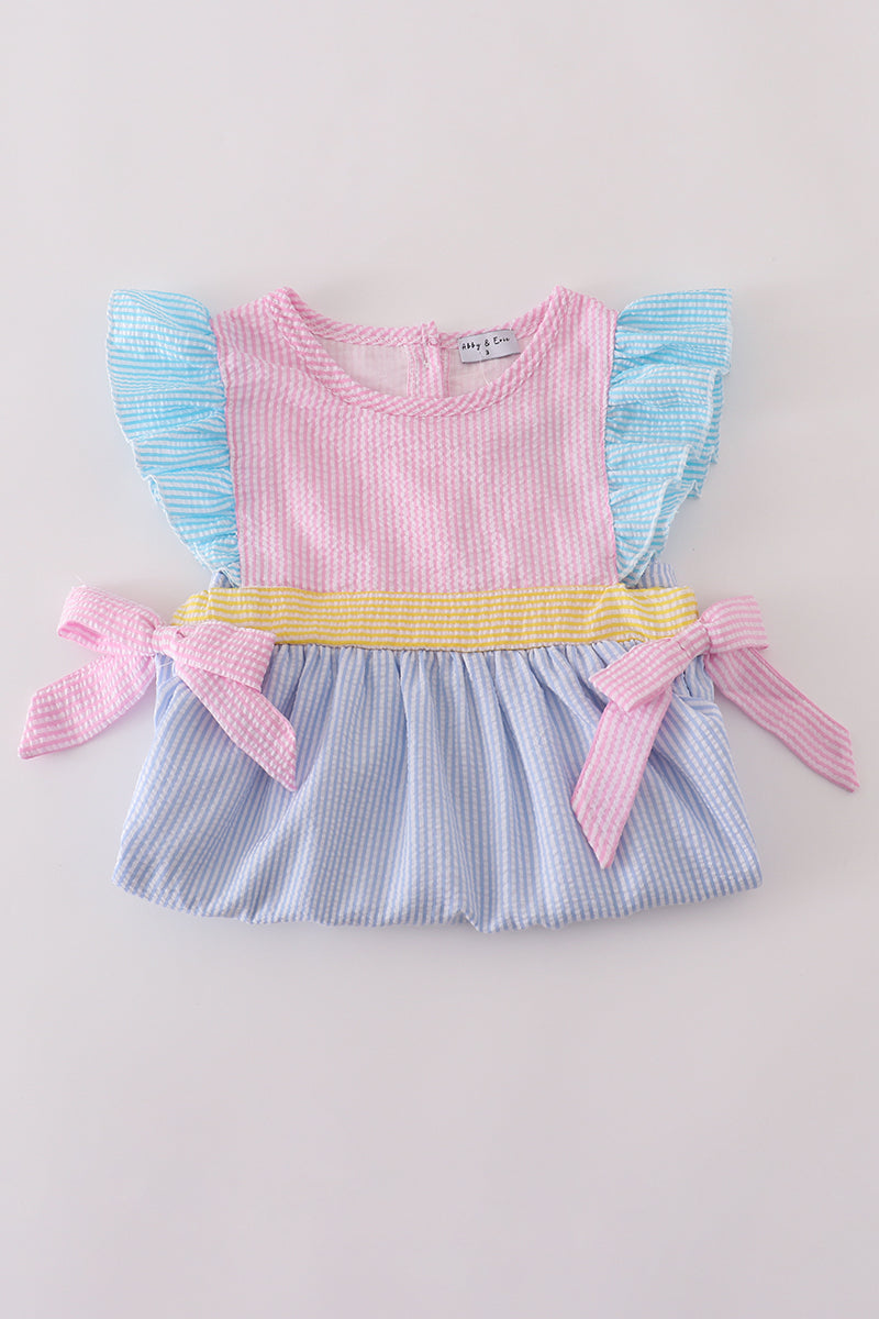 Girls Pastel Seersucker Flutter Dress with Bows – Lightweight Spring Outfit