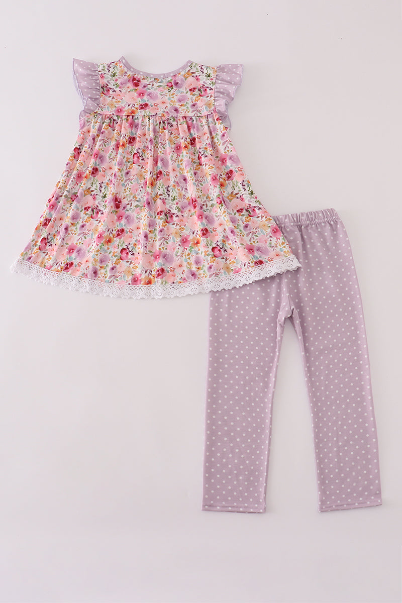 Purple Floral Ruffle Pants Set