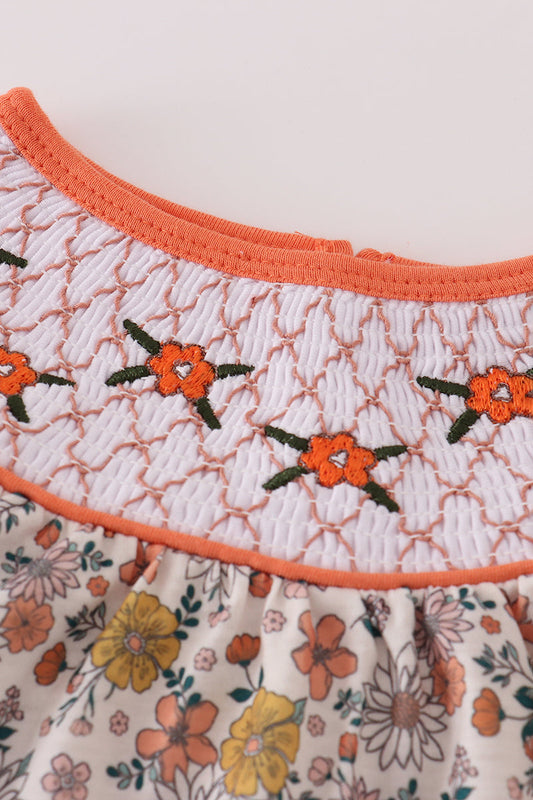 Floral Smocked Baby Girl Romper with Ruffle Pockets – Long Sleeve Fall One-Piece