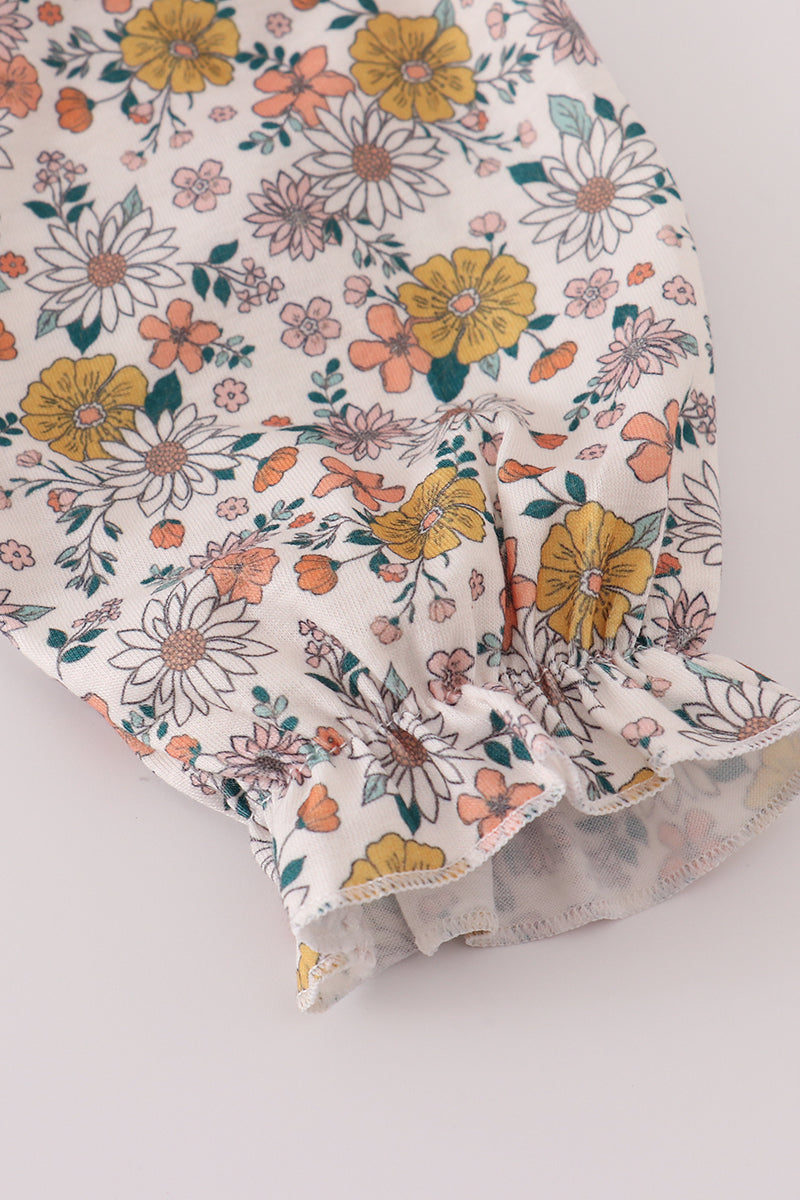 Floral Smocked Baby Girl Romper with Ruffle Pockets – Long Sleeve Fall One-Piece