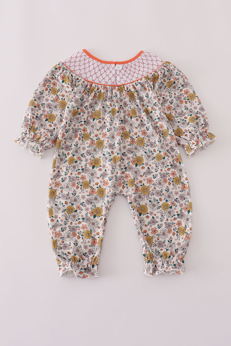 Floral Smocked Baby Girl Romper with Ruffle Pockets – Long Sleeve Fall One-Piece