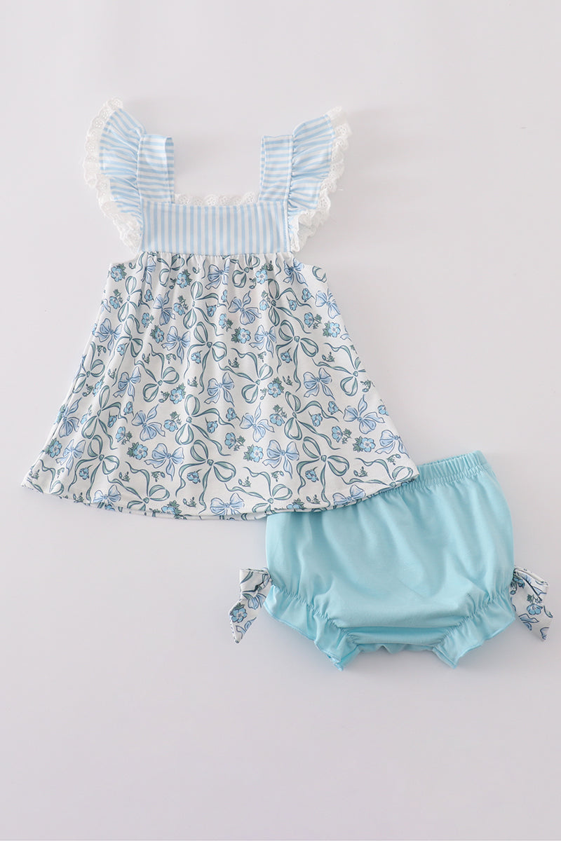 Blue Bow & Lace Print Bloomer Set